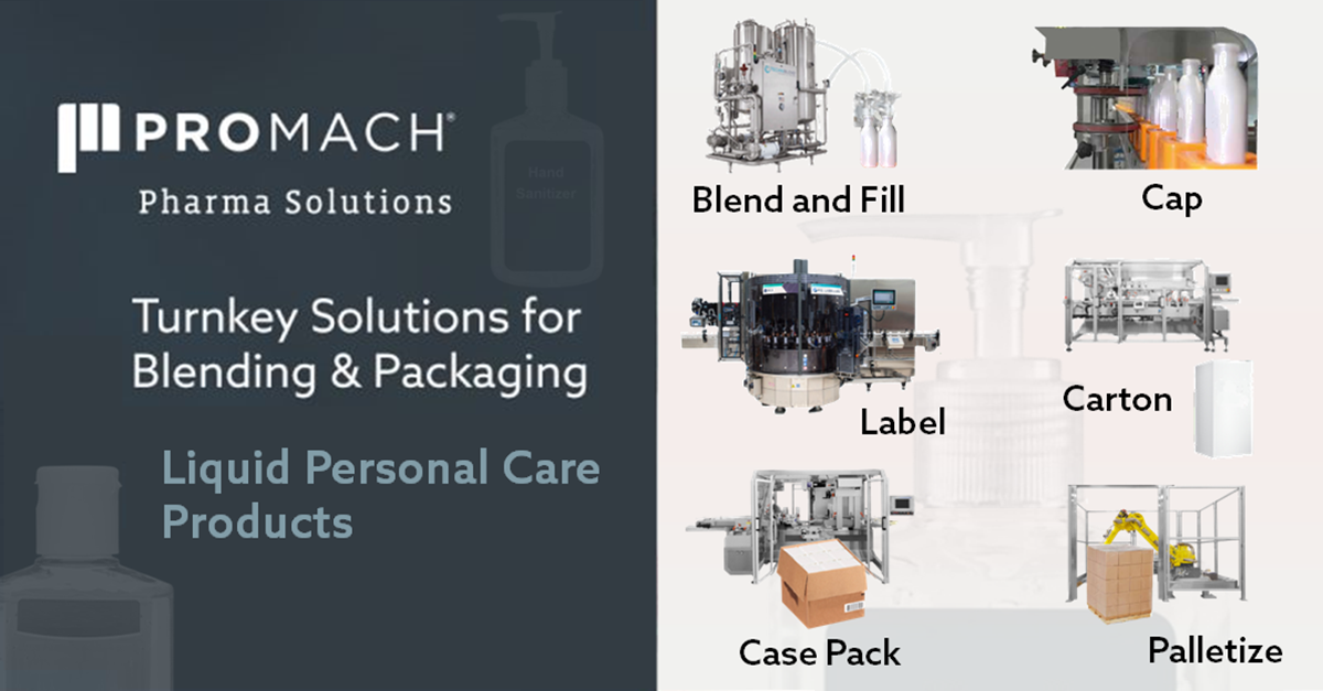 Turnkey solutions for blending, filling, and packaging of liquid personal care products.